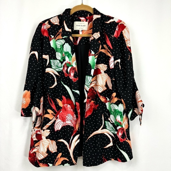 River Island Women’s US Sz 12 Black Floral Spot Longline Blazer Top Open Front - Picture 2 of 13